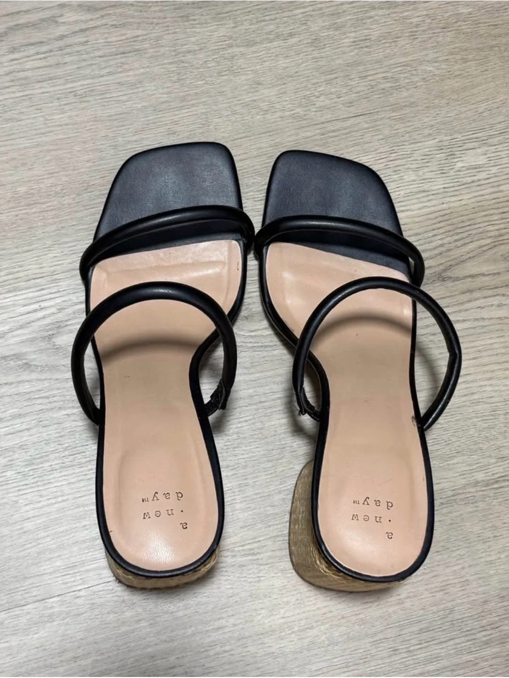 Black Strappy Block Heels with Woven Heel